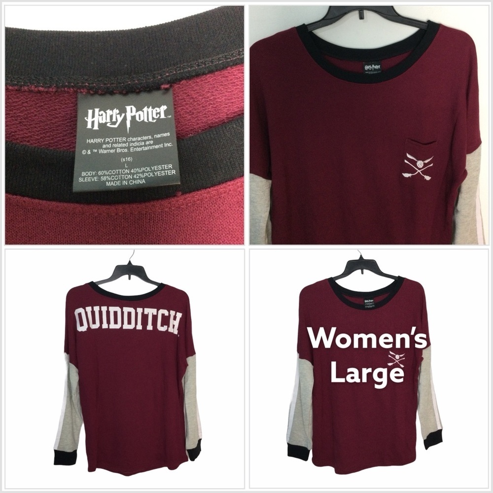 Harry Potter L Large 12 - 14 Sweatshirt Sweats Quidditch Game Crew Maroon NWOT